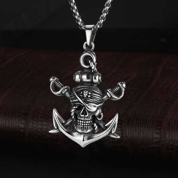 Gothic Pirate Skull Pendant Necklace With Skull Head, Ship Anchor, Double Sword - Picture 7 of 9